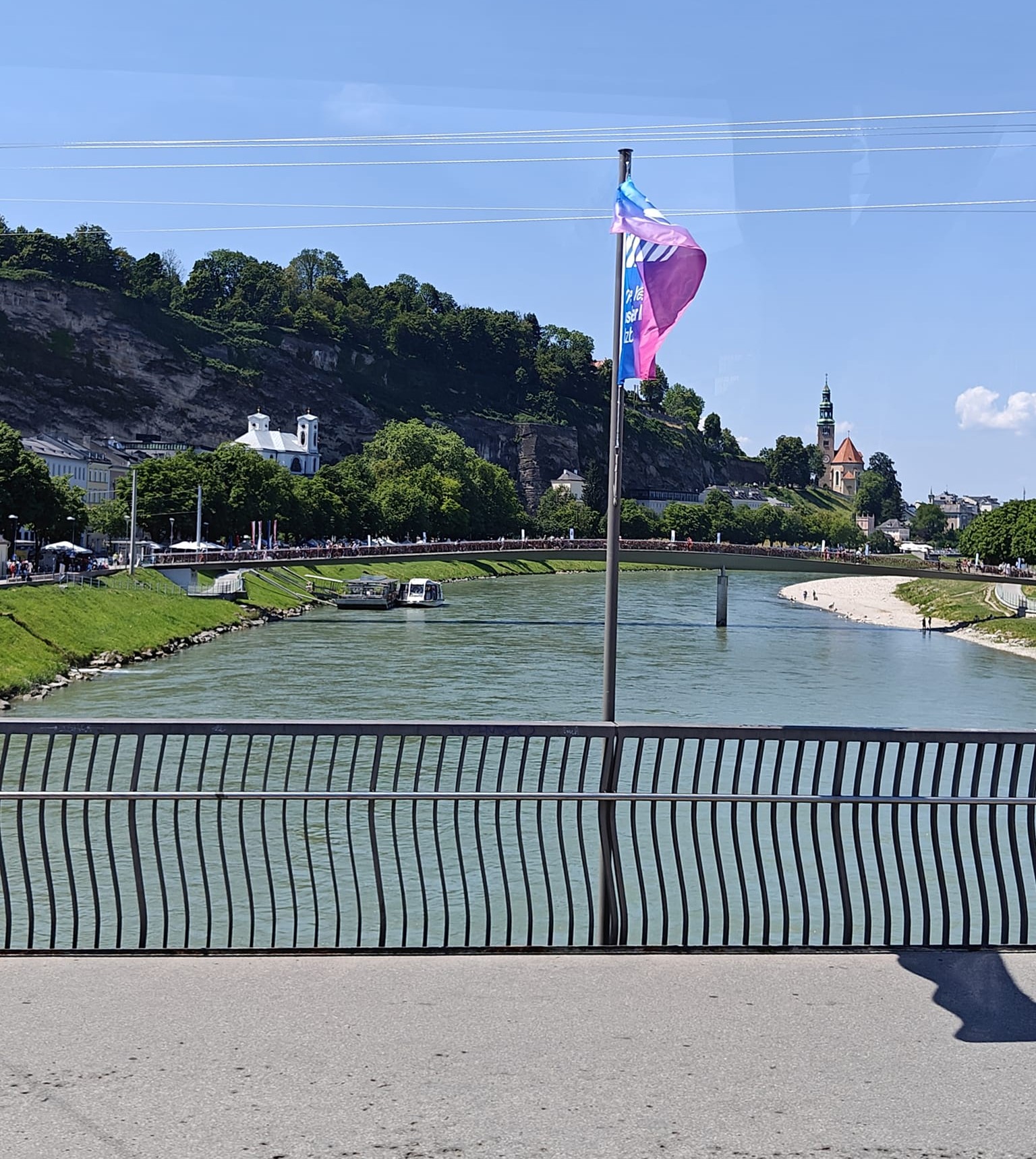 Salzach River with Mullner Steg bridge Salzburg city view