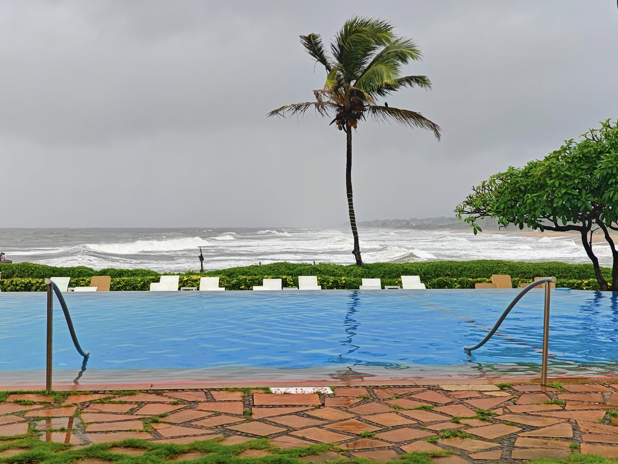 Infinity pool at Taj Fort Aguada, Goa, overlooking the Arabian Sea with stunning coastal views.
