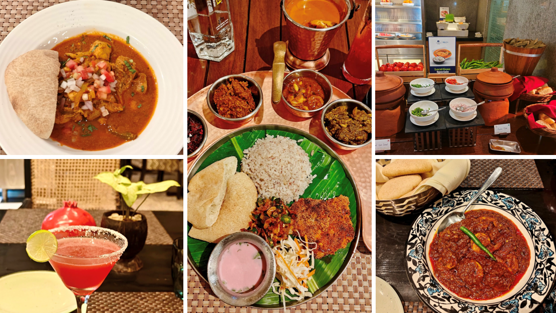 A collage of Goan dishes including fish curry, seafood thali on banana leaf, Goan specials buffet spread, prawn masala, and a pomegranate cocktail.